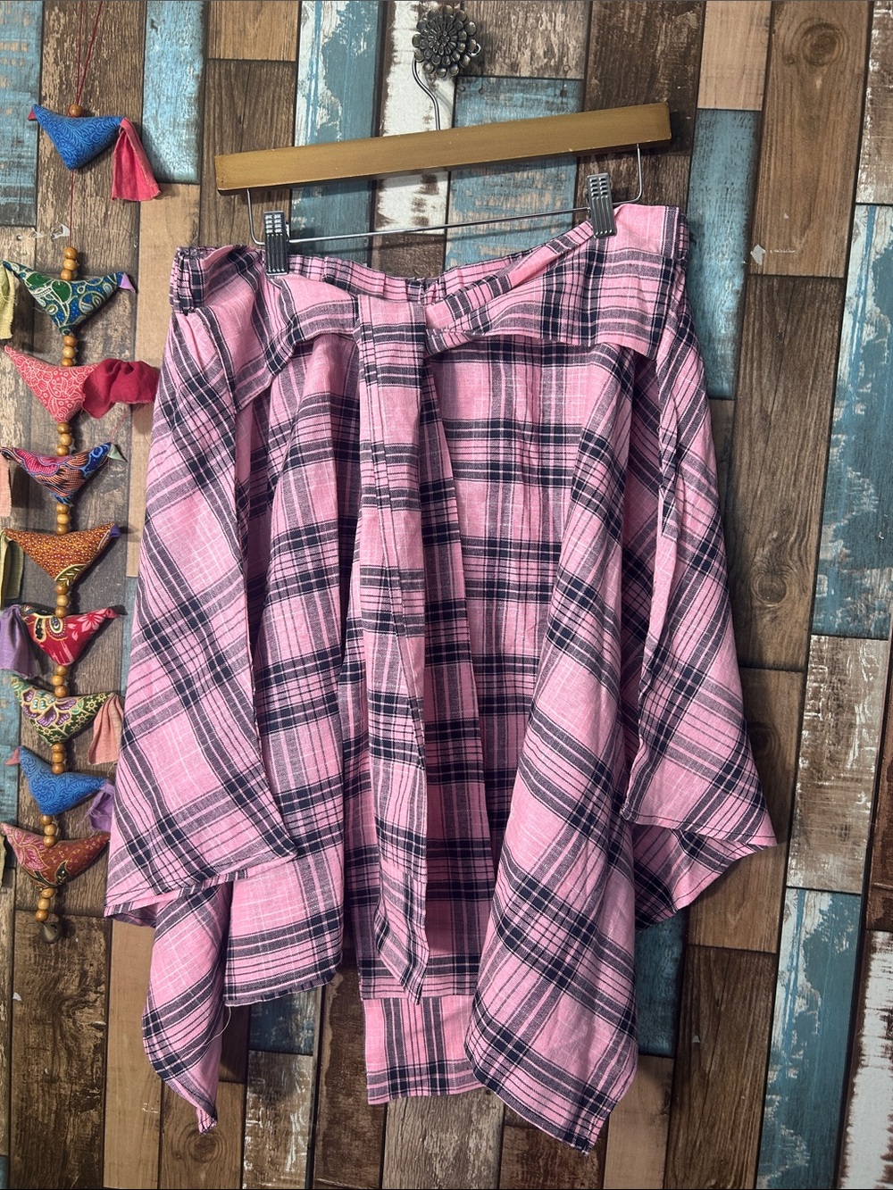 Women’s Pink Plaid Flared Skirt with tie  belt